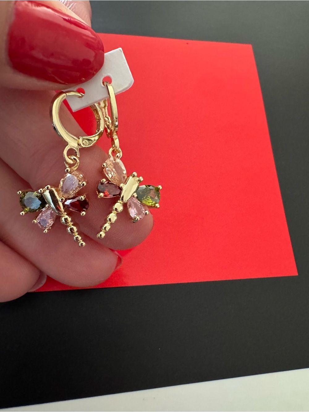 Gold Dragonfly Drop Earrings with Pink & Green Stones